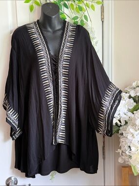 Ecote Black Rayon Kimono Blazer with Cream & Grey Embroidered Edges